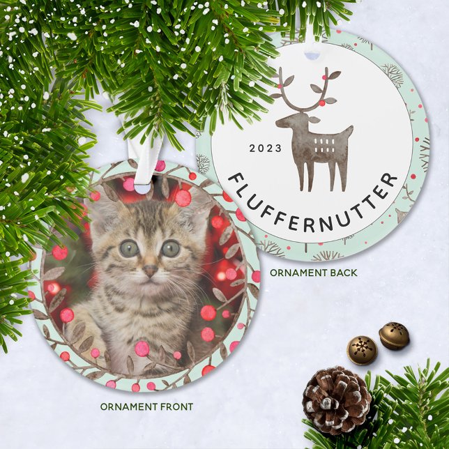 Foto zum Gedenken an Keepake Pet + Jahr w Rentier Ornament (Cute Kitten's First Christmas ornament, Puppy's First Christmas, or Pet Commemorative Ornament.)