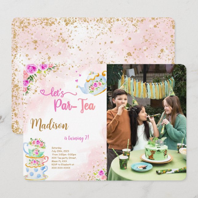 Foto zum Tee-Party "Gold & Pink" Einladung (Vorne/Hinten)