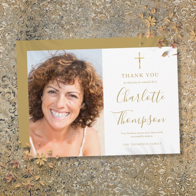 Foto zur Beerdigung des Goldkreuzs Dankeskarte (Gold Cross Christian Memorial Funeral Photo Thank You Card)