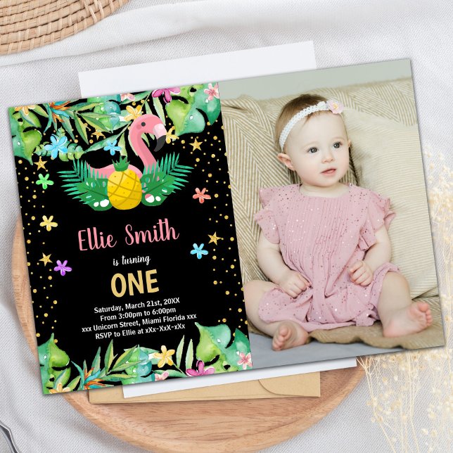 FotoBlack Pineaple Flamingo Einladung zum Geburtst (PhotoBlack Pineapple Flamingo Birthday Invitations)