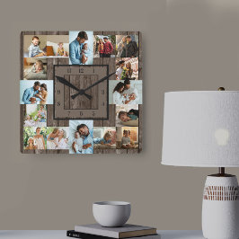 FotoCollage 16 Bild Braunes Holz nummeriert Quadratische Wanduhr