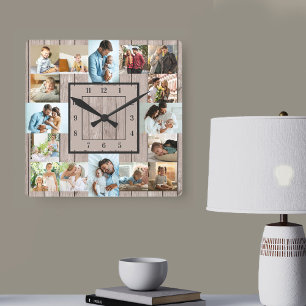 FotoCollage 16 Picture Light Wood nummeriert Quadratische Wanduhr
