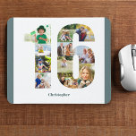 FotoCollage 1. Geburtstag Nummer 16 Personalisiert Mousepad<br><div class="desc">Erstellen Sie Ihr eigenes personalisiertes Mauspad für ein einzigartiges 16. Geburtstagsgeschenk. Die Collage der Nummer 16 Foto ist auf einem weißen Hintergrund mit ruhigen aquamarinen (blau-grün grauen) Rändern. Das Design umfasst bis zu 11 verschiedene Fotografien - in verschiedenen Formen und Größen - um Ihnen die Flexibilität zu geben, Ihre ausgewählten...</div>