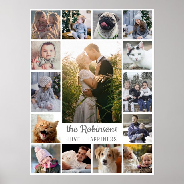 FotoCollage der Familie 15 Bilder + Name Grau Weiß Poster (Vorne)