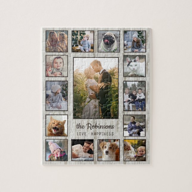 FotoCollage der Familie 15 Bilder Name Holzkörner (Vertikal)