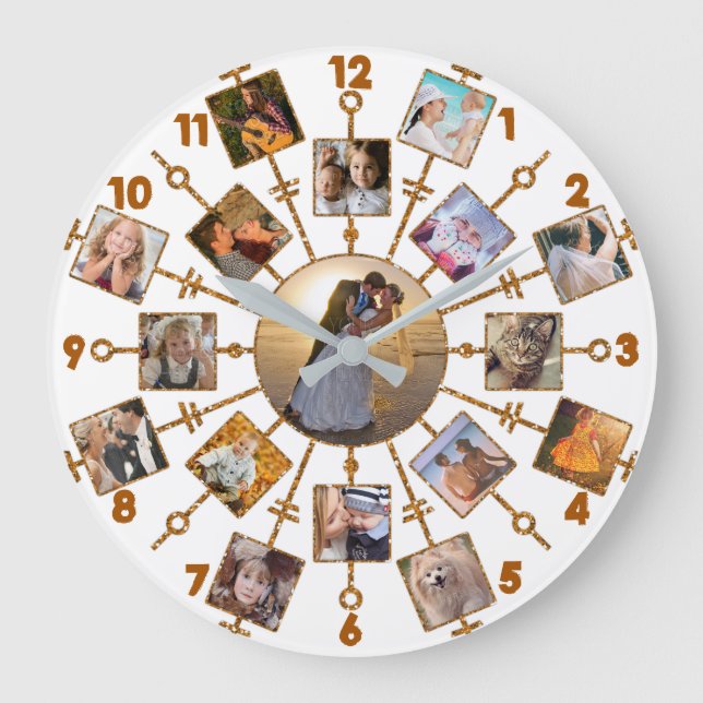 FotoCollage der Familie 17 Bilder Hübsches White G Große Wanduhr (Vorderseite)
