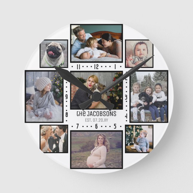 FotoCollage der Familie 9 Benutzerdefinierte Bilde Runde Wanduhr (Vorderseite)