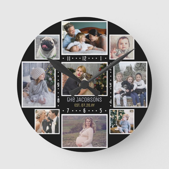 FotoCollage der Familie 9 Benutzerdefinierte Bilde Runde Wanduhr (Vorderseite)