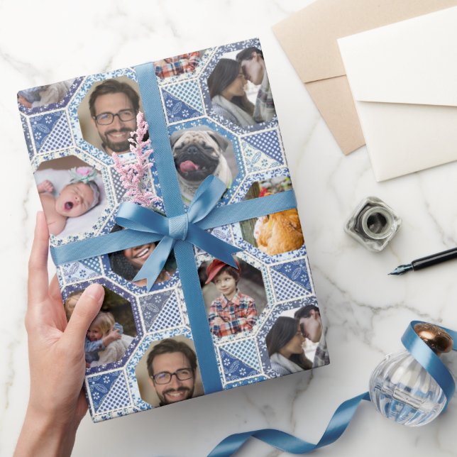 FotoCollage der Familie Easy Blue Quilt Look 28 Bi Geschenkpapier (Schenken)