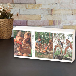 FotoCollage der Familie mit 3 Fotos und benutzerde Holzkisten Schild