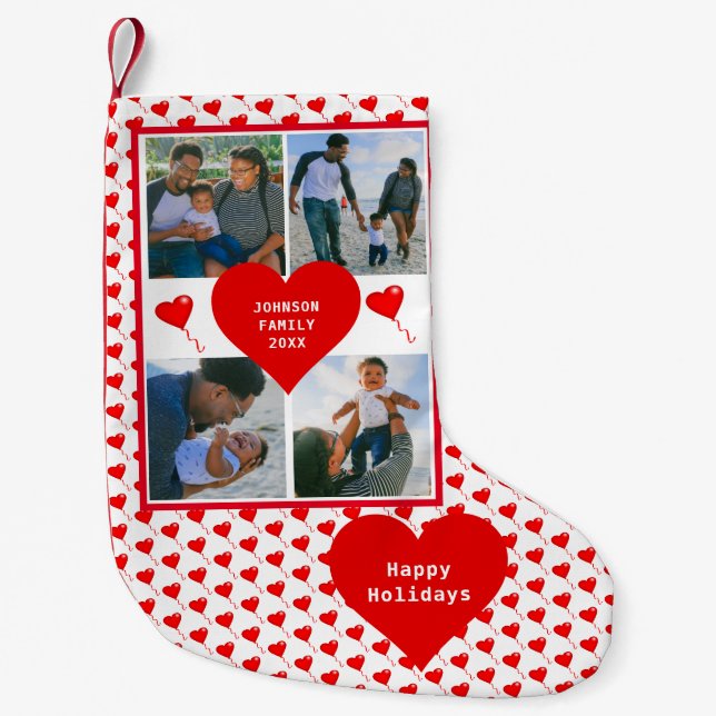 Fotocollage Familie Personalisierte rote Herzen Kleiner Weihnachtsstrumpf (Vorderseite)