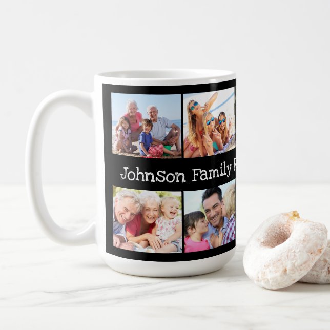 Fotocollage Family Wiedersehen Personalisiert Blac Kaffeetasse (Mit Donut)