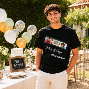 Fotocollage Film Name Geburtstag Mann schwarz T-Shirt