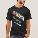 Fotocollage Film Name Geburtstagsmann schwarz T-Shirt<br><div class="desc">Für ein schwarzes/dunkles T-Shirt. Personalisieren und einen Namen und 3 Fotos innerhalb des Filmrollenrahmens hinzufügen. Weißer Text.</div>