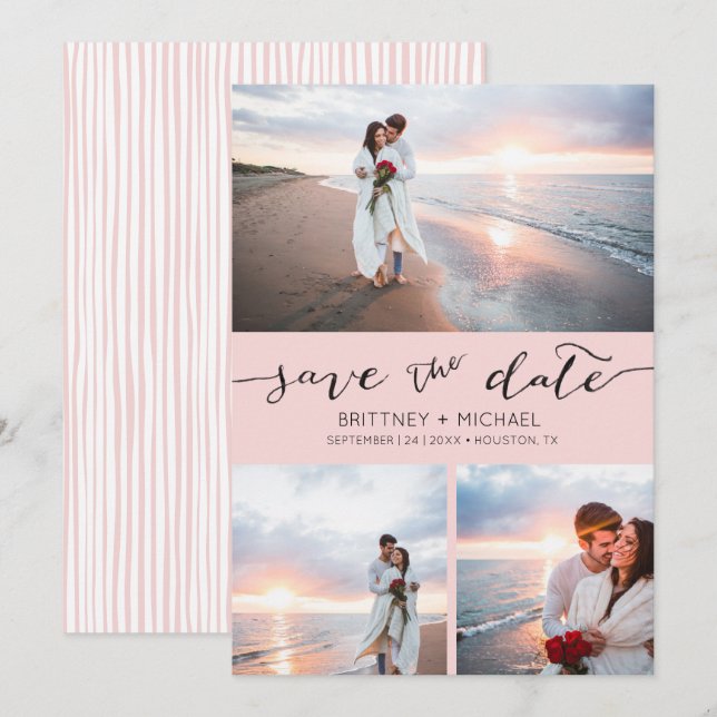 FotoCollage Handgeschriebenes Rosa Save the Date Ankündigung (Vorne/Hinten)