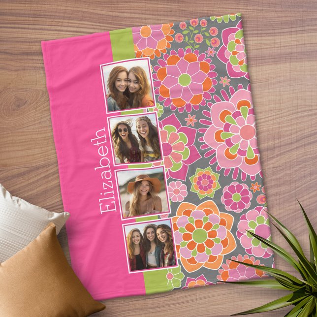 FotoCollage Hot Pink Orange Funky Blume Fleecedecke (Personalized Fleece Blanket)