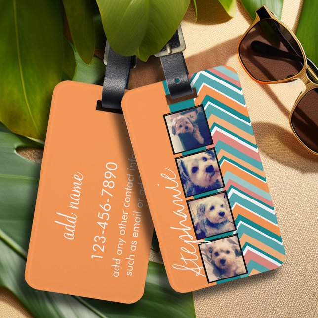 FotoCollage mit Orange und Aquamarinen Chevronen Gepäckanhänger (Personalized luggage tag with preppy striped pattern and photos - contact info on back)