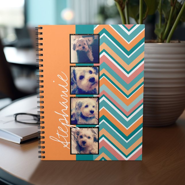 FotoCollage mit Orange und Aquamarinen Chevronen Notizblock (Personalized notebook with custom text - add your name and other options)
