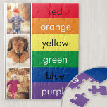 Fotocollage Rainbow Personalisierte Farben<br><div class="desc">Spielerlernen - personalisiertes Foto-Puzzle mit Regenbogenfarben. Die Fotovorlage ist ein Set für Sie, drei Ihrer Lieblingsfotos hinzuzufügen, die im Porträtformat auf einem schwarz-weißen Hintergrund dargestellt werden. Die Farbblöcke sind jeweils mit dem Namen der Farbe in einfacher Typografie versehen, um die Wortzugehörigkeit zu fördern und dabei zu lernen, die Farben zu...</div>