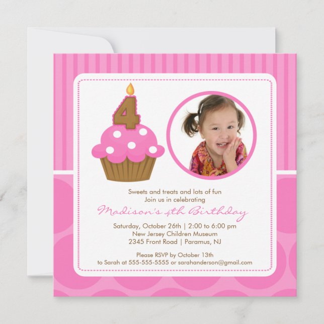 FotoCupcake Geburtstag Einladung 4. Geburtstag Ros (Vorderseite)