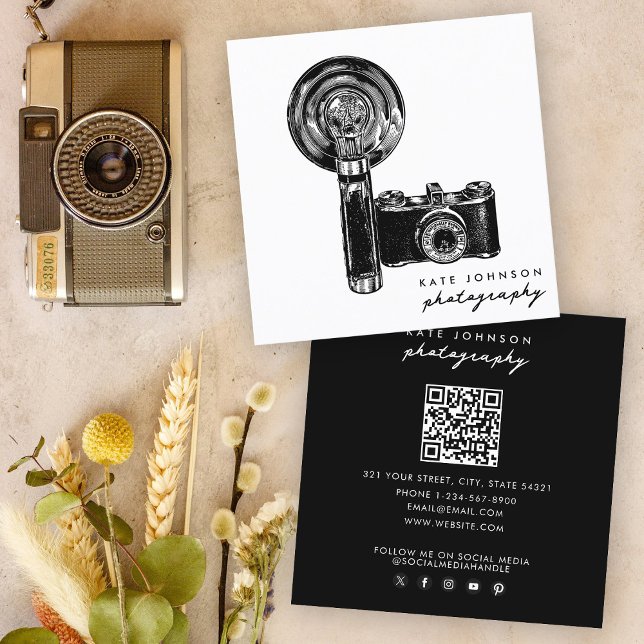 Fotograf Camera Script Fotografie QR Code Quadratische Visitenkarte (Photographer Camera Script Photography QR Code Square Business Card)