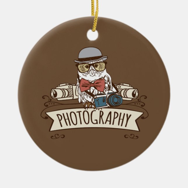 Fotograf-Eule mit Kamera Keramik Ornament (Vorne)