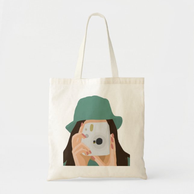 Fotograf Girl Tote Bag - Illustrierte Dunkle Haare Tragetasche (Vorne)