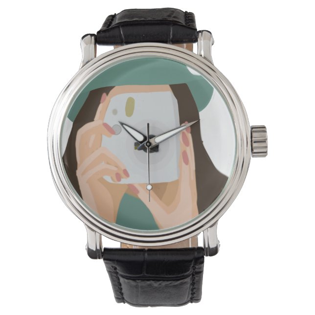 Fotograf Illustriert Camera Girl Art Armbanduhr (Vorderseite)