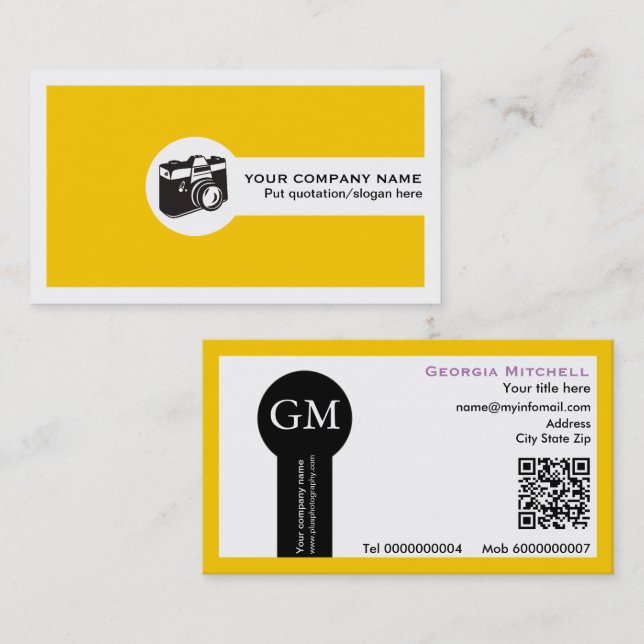 Fotograf Kamera und QR-Code gelb Visitenkarte (Vorne/Hinten)