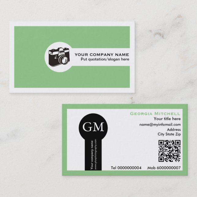 Fotograf Kamera und QR-Code mintgrün Visitenkarte (Vorne/Hinten)
