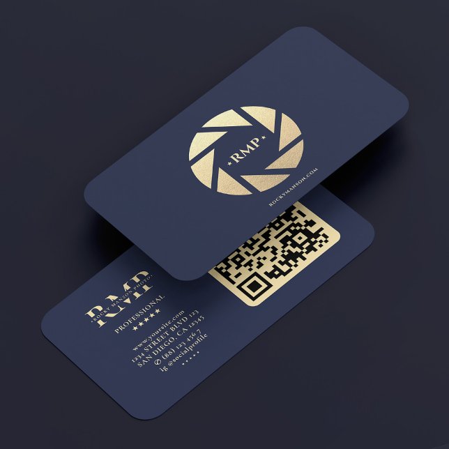 Fotograf Navy Blue Gold Camera Lens Modern Visitenkarte (Photographer Navy Blue Gold Camera Lens Modern Business Card
)