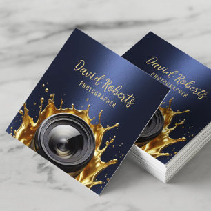 Fotograf Trendy Gold Camera Fotografie Navy Quadratische Visitenkarte