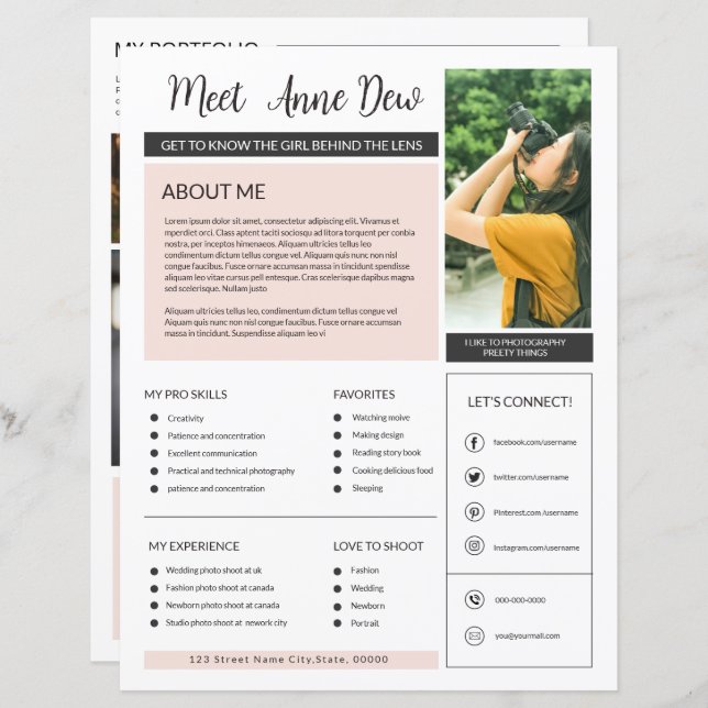 Fotograf über mich Seitenvorlage (Vorne/Hinten)