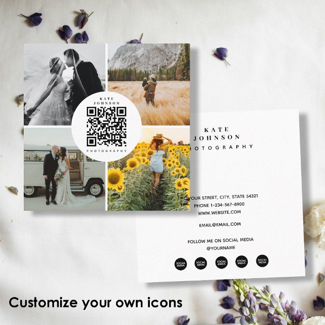 Fotografen Fotos Custom Social Media Icons Quadratische Visitenkarte (Photographer Photos Custom Social Media Icons Square Business Card)