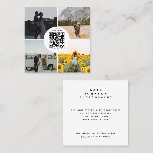 Fotografen Fotos QR Code Social Media Quadratische Visitenkarte (Vorne/Hinten)