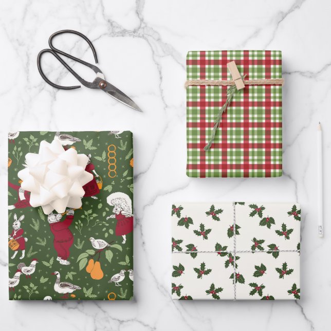 Fotografien von Weihnachten - Tiere, Holly, Karier Geschenkpapier Set (Vorderseite)