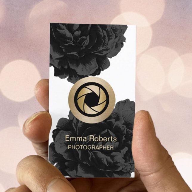 Fotografieren von Gold Camera Black Floral Fotogra Visitenkarte (Von Creator hochgeladen)