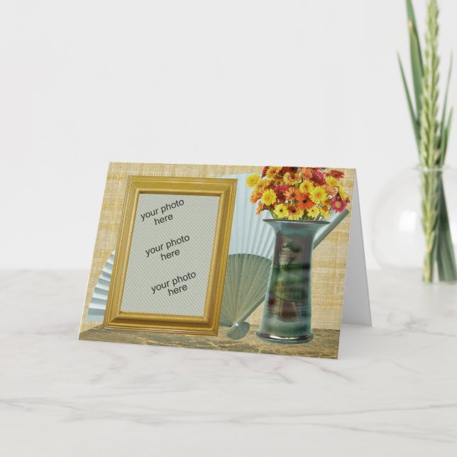 Fotokarte mit Lüfter, Blume in Vase, Holzrahmen Karte (Vorderseite)