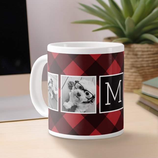 Fotolage - Monogram Red Black Buffalo Kariert Jumbo-Tasse (Personalized mug)