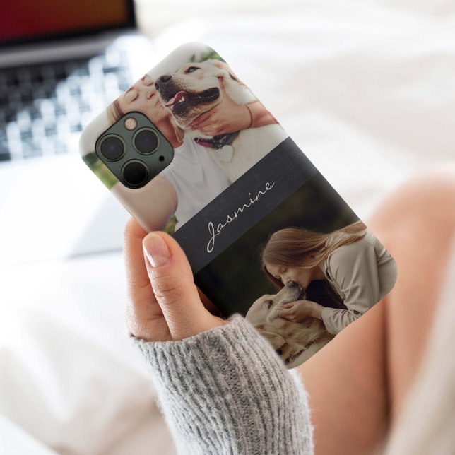 Fotolollage Monogram Chalkboard iPhone 15 Pro Hülle (Pet photo collage monogram with rustic dark wood background. Keep your pet photos with you.)