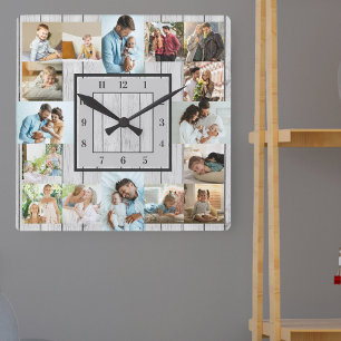 Fotomontage 16 Bilder Weiß gewaschenes Holz nummer Quadratische Wanduhr