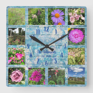 Fotos Collage Blau Shabby Chic Holz Quadratische Wanduhr