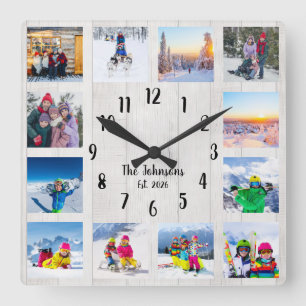 Fotos Collage Land Weiß Rustikales Holz Quadratische Wanduhr