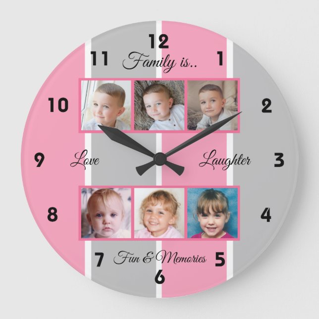 Fotos der Familie in Rosa und Grau Große Wanduhr (Vorderseite)