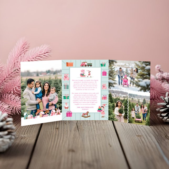Fotos des Santa Pink Village Dreifach Gefaltete Urlaubskarte (North Pole Elf Workshop Santa Pink Village Photos Tri-Fold Holiday Card)