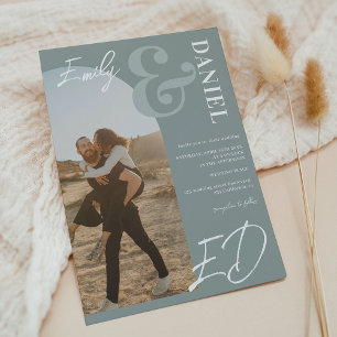 Fotos fett Namen Skript arch Salbei Grün Hochzeit Einladung