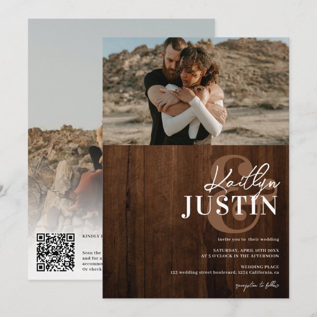 Fotos kalligraphische Hochzeit mit rustikalem Holz Einladung (Vorne/Hinten)