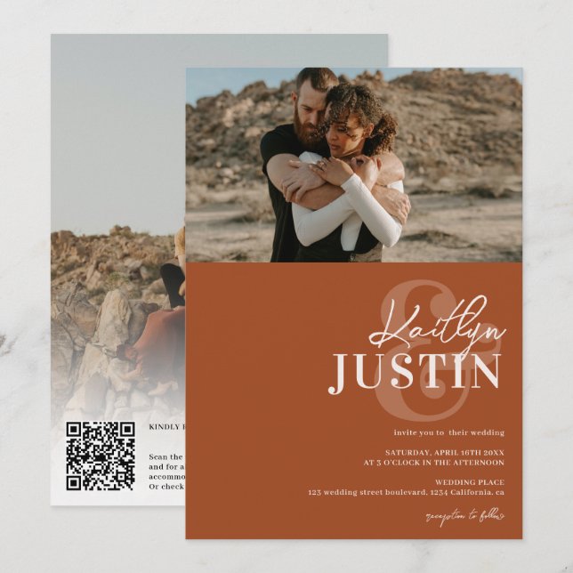 Fotos kalligraphische Hochzeit Terrakotta Einladung (Vorne/Hinten)