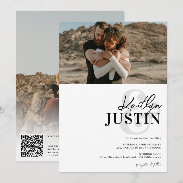 Fotos kalligraphische  Schwarz-weiße Hochzeit Einladung (Vorne/Hinten)