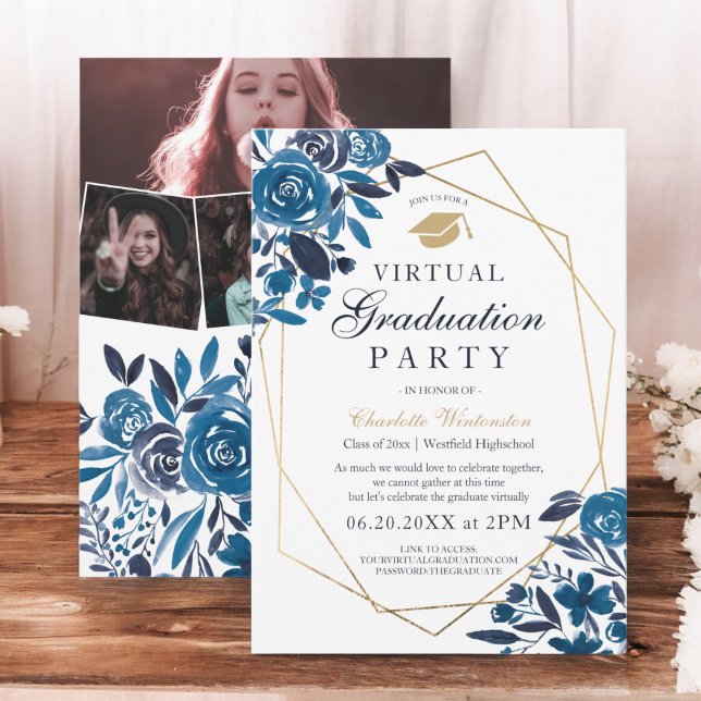 Fotos mit geblümten Rahmen für Navy, virtueller Ab Einladung (Navy floral gold frame photos virtual Graduation Invitation)